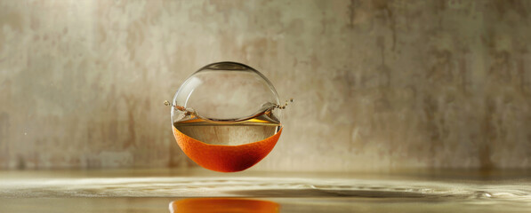 Poster - Fresh orange floating in glass bowl on table. Perfect for food and beverage concepts