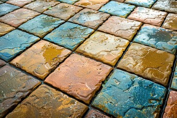 Sticker - Close up of water droplets on tiled floor, suitable for background use