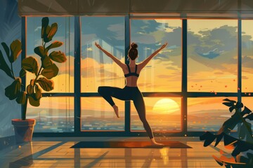 Wall Mural - A woman doing yoga in front of a window. Suitable for health and wellness concepts