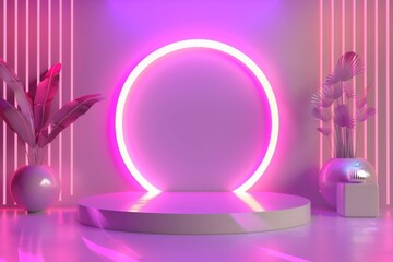 Poster - A room with a soft pink light and a green plant. Ideal for interior design concepts