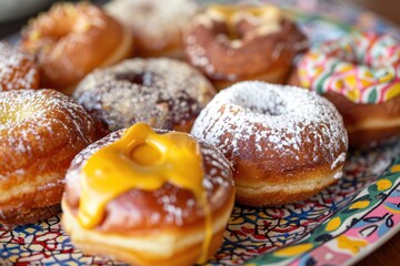 Wall Mural - Plate of delicious doughnuts covered in powdered sugar. Perfect for bakery or dessert concept