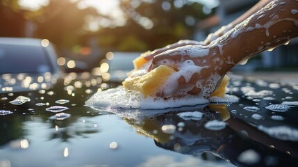 Canvas Print - Close-up of a hand holding a sponge over a car for washing.