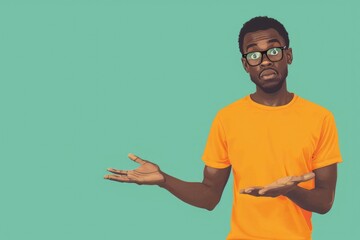 Poster - A man in an orange shirt and glasses holding his hands out. Suitable for business and technology concepts