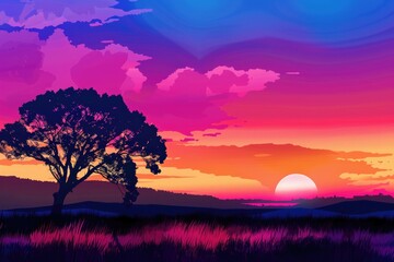 Poster - A beautiful sunset scene with a solitary tree in the foreground. Perfect for nature lovers and landscape enthusiasts