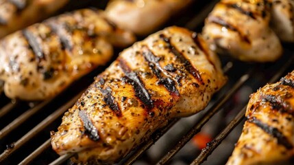 Canvas Print - A close-up of chicken breasts grilling on skewers, promising tender and flavorful bites.