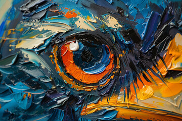 Poster - Oil pichuga portrait painting in multicolored tones. Conceptual abstract painting of a bird. Closeup of a painting by oil and palette knife on canvas