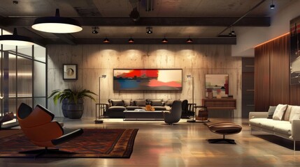 Poster - A contemporary reception room with sleek furniture and modern decor, perfect for urban living.