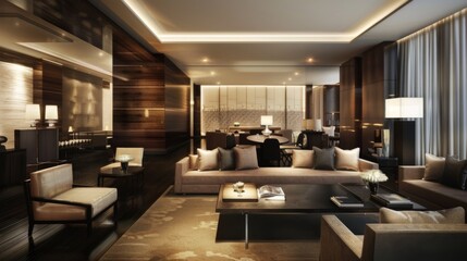 Poster - A contemporary reception room with sleek furniture and modern decor, perfect for urban living.