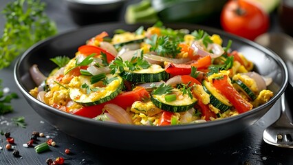 Wall Mural - Vibrant Veggie Scramble with Red Peppers, Onions, and Zucchini: A Nutritious Breakfast. Concept Breakfast, Vegetarian, Healthy Eating, Nutrition, Cooking