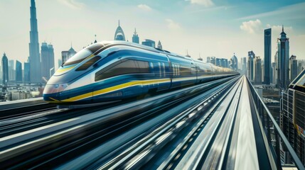 Poster - A futuristic cityscape backdrop as a high-speed train zooms through the urban landscape.