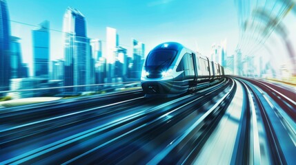 Poster - A futuristic cityscape backdrop as a high-speed train zooms through the urban landscape.