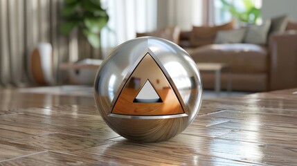 Wall Mural -   A silver ball, bearing a triangle emblem, sits on a weathered wooden floor Nearby, a living room is depicted with a couch
