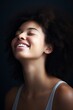 Close-up portrait of an African-American girl against a wall, laughing with her head thrown back, happy. Generative AI.