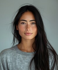 Wall Mural - Young Japanese Woman With Long Black Hair and Gray Shirt