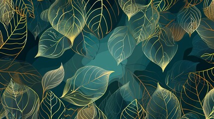 Wall Mural - Vector illustration of a background adorned with line art of golden leaves, exuding luxury and complemented by blue and tidewater green hues. Ideal for prints, home decor, fabric, and cover design.