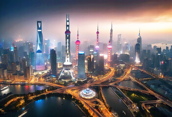 Wall Mural - 'view panoramic skyline shanghai dusk china high angle wide aerial city landscape finance building asia business modern architecture financial scene landmark tower downtown river background holiday'