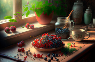 Canvas Print - berries on the table in the kitchen. Generative AI,