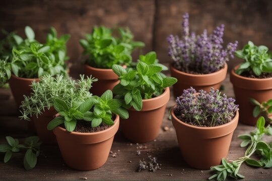 'homegrown aromatic herbs old clay pots set culinary green growing sage oregano thyme savory mint lavender herb pot garden plant potted parsley food fresh natural leaf background healthy flower'