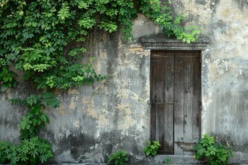 Wall Mural - antique wooden door on old concrete wall with lush green plants rustic architecture photography