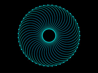 Poster - Abstract black background with circle lines pattern in vibrant colors of blue-green light gradient. Vector illustration of music and technology flyer or banner.