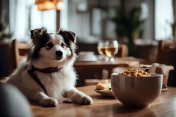 'cute served funny dog ning indoors table sitting animal background breakfast breed cafes canino chair diet dining dinner dinnerware dish domestic drink eating foot food glasses epicure happy humor'
