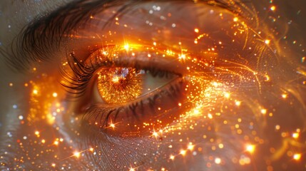 Wall Mural - A close up of a woman's eye with glowing stars in it, AI