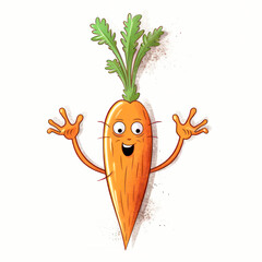 Wall Mural - Carrot funny cartoon cute character with eyes, smile isolated on white background. Illustration vegetable for kid, sale, package, cutout minimal.