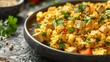 Closeup of flavorful tofu scramble with veggies and herbs topped with seasoning. Concept Vegan Breakfast, Tofu Scramble, Plant-based Cuisine, Healthy Eating, Cooking Inspiration
