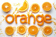 Orange lettering on white background, natural fresh orange font, summertime healthy concept 