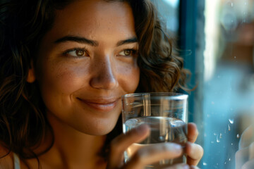 Wall Mural - A stunning Hispanic woman holds a glass of clear water, smiling as she looks into the distance, enjoying her healthy morning routine. She drinks still and mineral water to start her new day, depicted