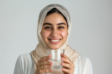 Wall Mural - A young Arabian woman smiles and holds a glass of water in her hands against a white background.