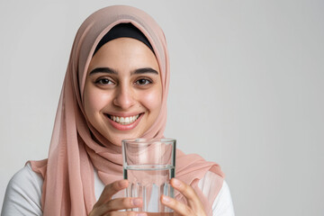 Wall Mural - A young Arabian woman smiles and holds a glass of water in her hands against a white background.