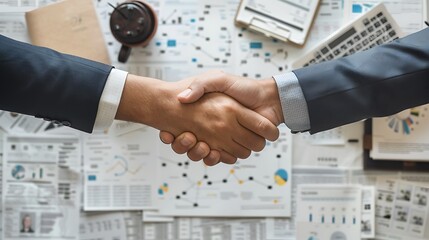 Illustrate a pivotal moment in educational development, viewed from above, where administrators shake hands over a layout of educational program expansions and financial aid strategies.