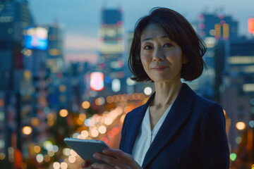 With the city skyline as her backdrop, the happy businesswoman investor of middle age, a Japanese, holds her digital tablet with assurance, her mind brimming with visions of future prosperity, while