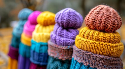 Poster - A row of colorful knitted hats lined up in a line, AI