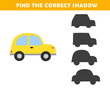 Shadow matching game for kids. Find the correct shadow. Educational game for children. Find and match the right shadow of cute car.	