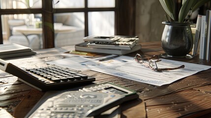 Poster - A wooden table displaying a calculator and financial documents, suitable for accounting services, tax consulting, and financial planning. Generative AI