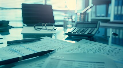 Fototapete - A cluttered desk stacked with papers and a calculator on top, showcasing a busy work environment. Generative AI