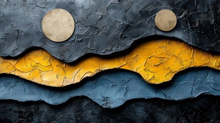 Poster - A painting of a yellow and blue abstract piece with two circles, AI