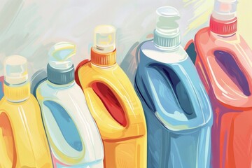 Poster - A painting depicting a row of plastic bottles. Suitable for environmental and recycling concepts