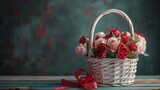 Fototapeta  - A white wicker basket adorned with red and pink roses rests on a light wooden surface complemented by a vibrant red gift ribbon set against a dark backdrop on a wooden table with ample spac