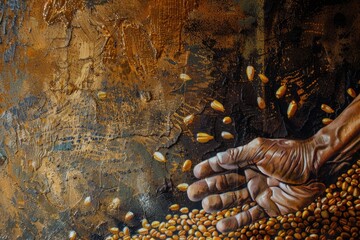 Poster - A person's hand holding a handful of corn. Suitable for agriculture and food industry concepts