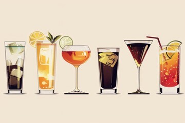 Poster - A row of different types of drinks in glasses, suitable for beverage concepts