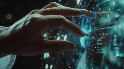 Poster - A detailed shot of a person's hand interacting with a digital screen. Ideal for technology and communication concepts