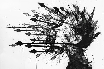 Poster - Black and white illustration of a woman's head with arrows, suitable for educational materials