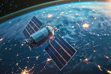 Aufkleber - A stunning view of the earth from space with a satellite in the foreground. Perfect for science and technology projects