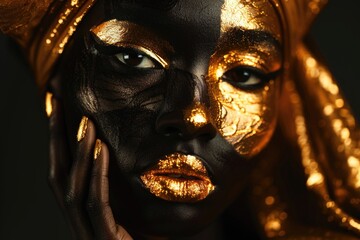 Sticker - Close up of a person with gold paint on their face. Great for makeup or festival concepts