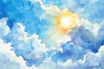 Poster - Beautiful painting of sun shining through clouds, perfect for inspirational projects