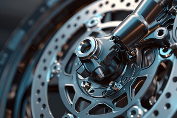 Poster - Detailed shot of a motorcycle wheel, suitable for automotive themes