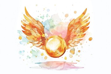 Aufkleber - A beautiful watercolor painting of a golden ball with wings. Perfect for fantasy and magical themed designs